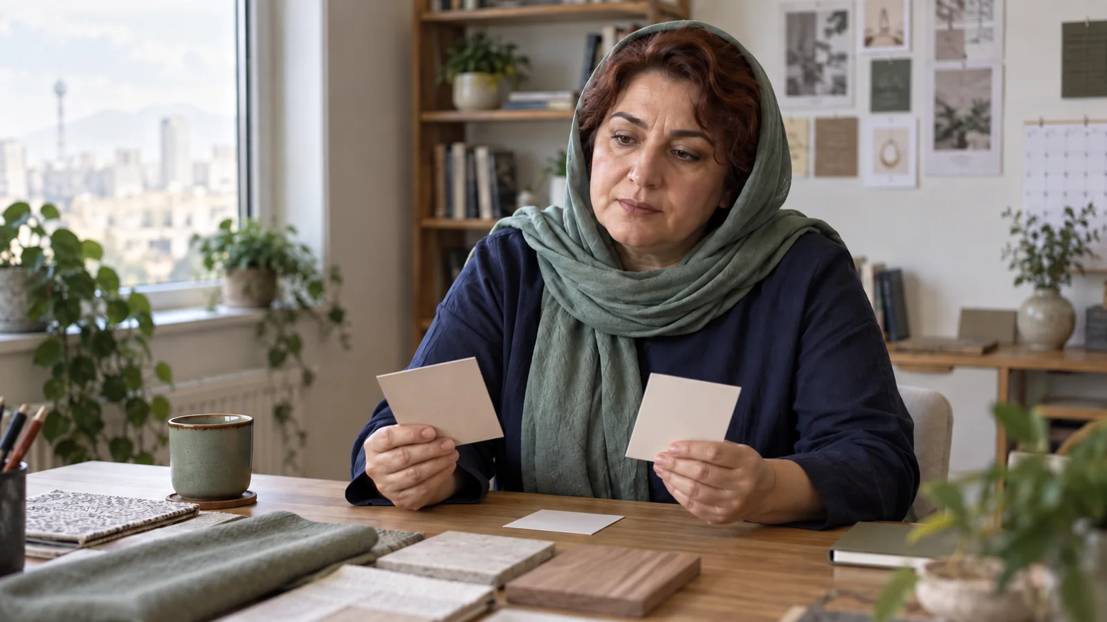 زن میانسال با موهای موج‌دار قهوه‌ای مایل به قرمز، در حال مقایسهٔ دو کارت و یک کارت قرارگرفته روی میز
