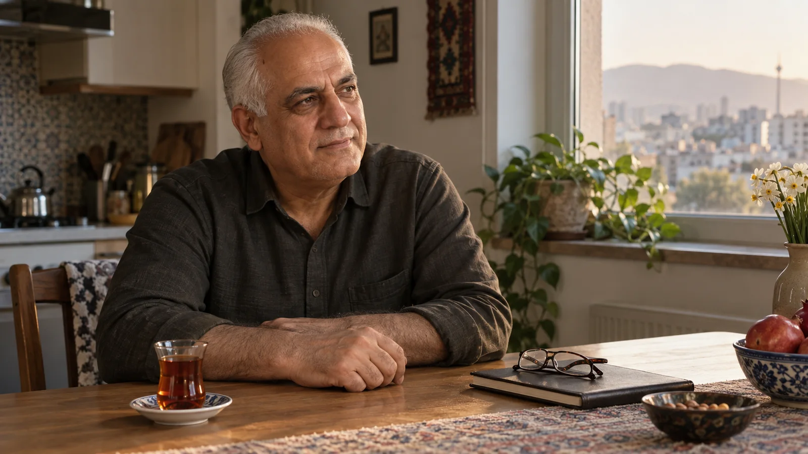 مرد میانسال کاملاً بدون ریش با موهای سفید کوتاه، در حال مکث آرام کنار چای و دفتر بسته