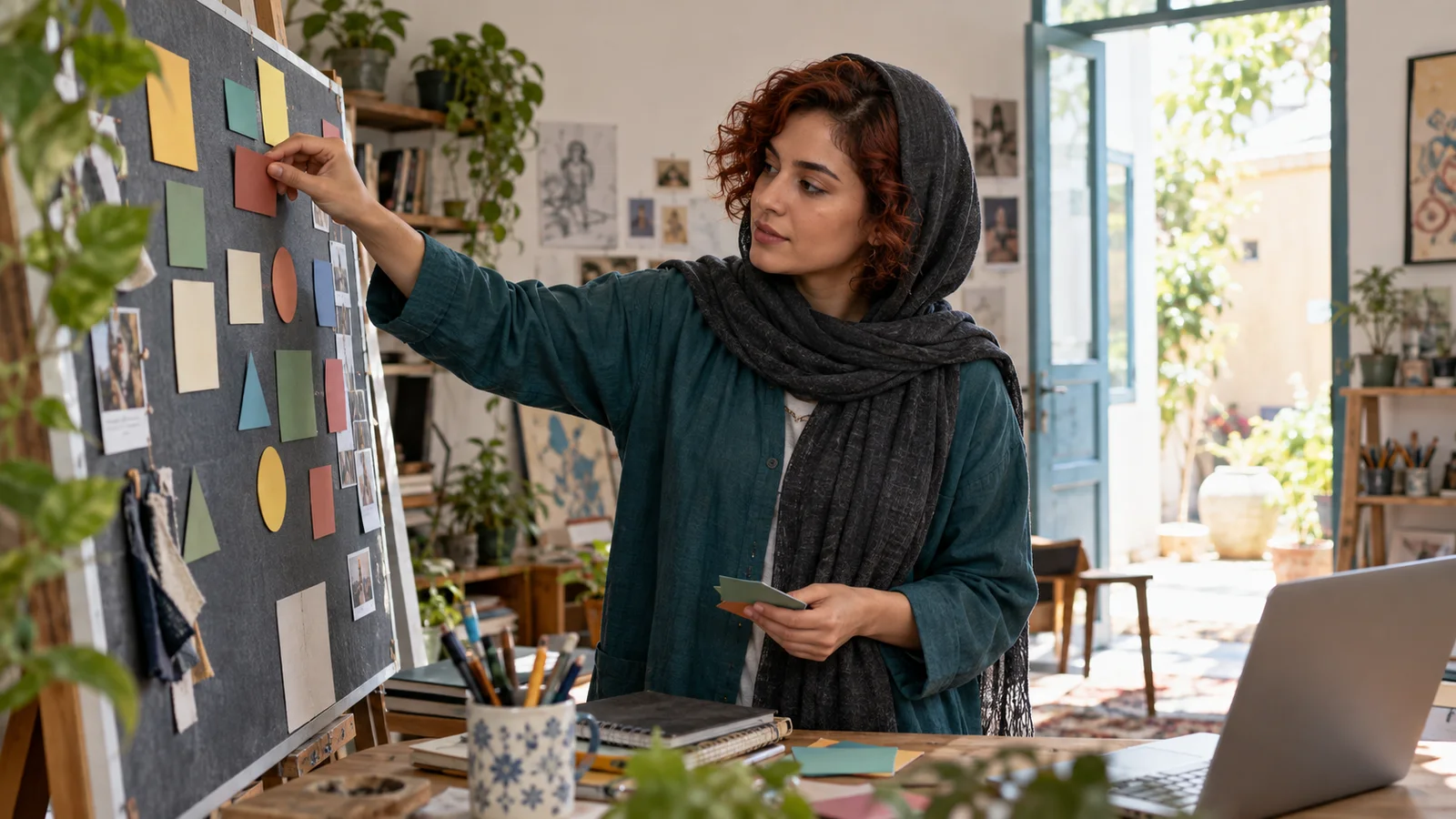 زن جوان با موهای کوتاه و فر مسی، در حال جابه‌جاکردن کارت‌های رنگی روی تختهٔ برنامه