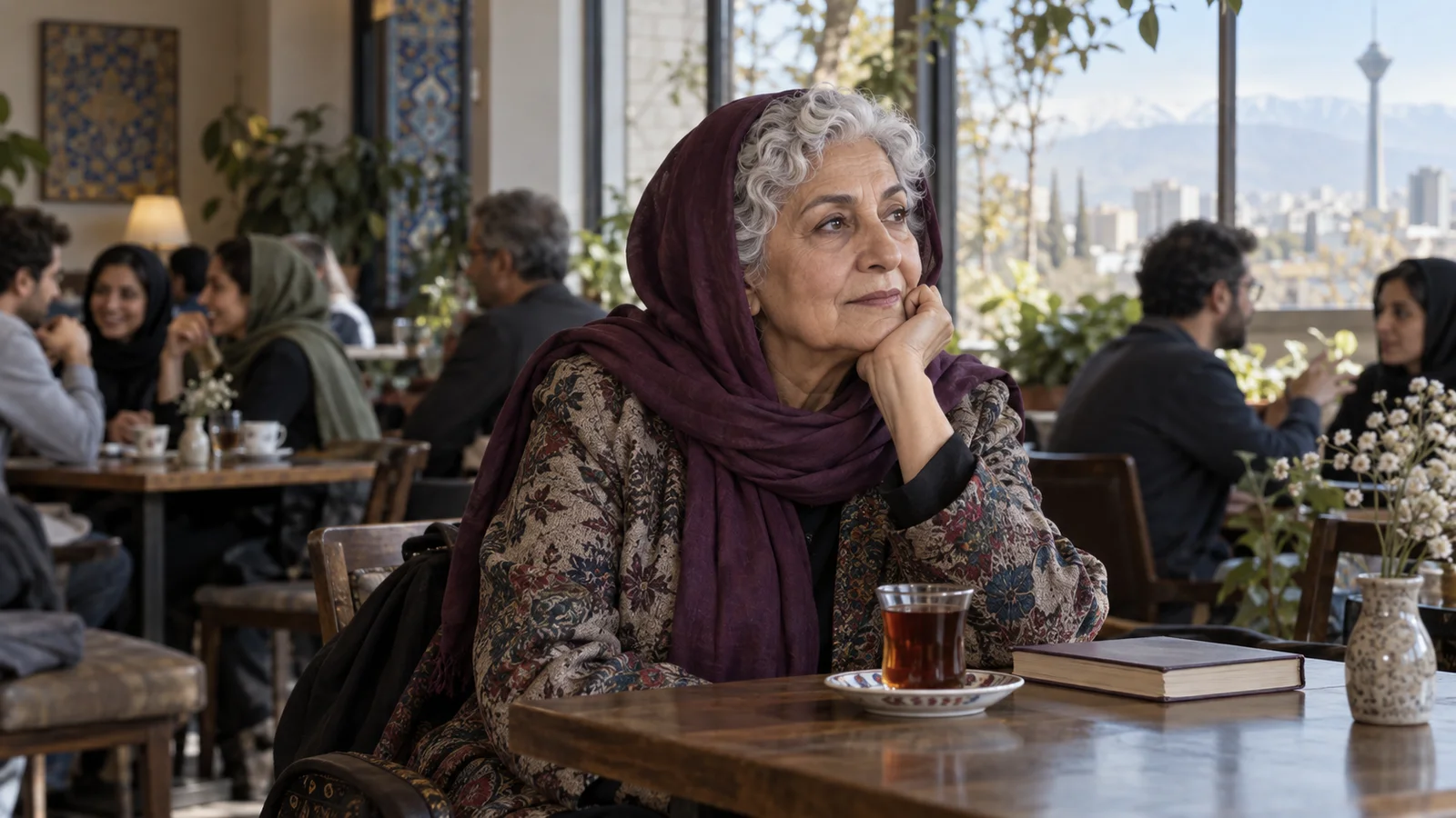 زن سالمند با موهای کوتاه و فر سفید در کافه، میان دیگران اما بدون گفت‌وگوی نزدیک